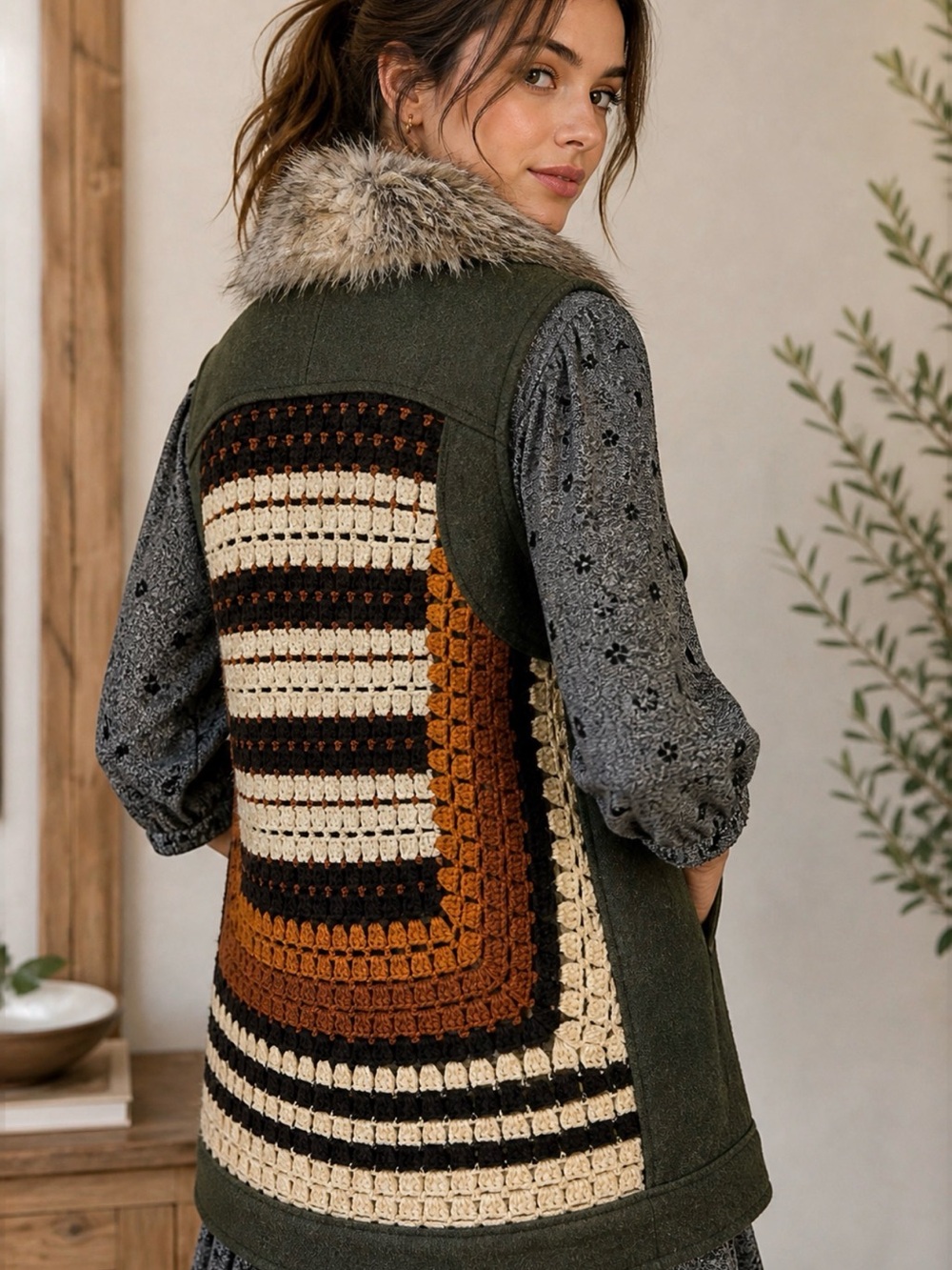 Anthropologie Boho Faux Fur Collar Vest Crochet Back Wool Blend Green Western